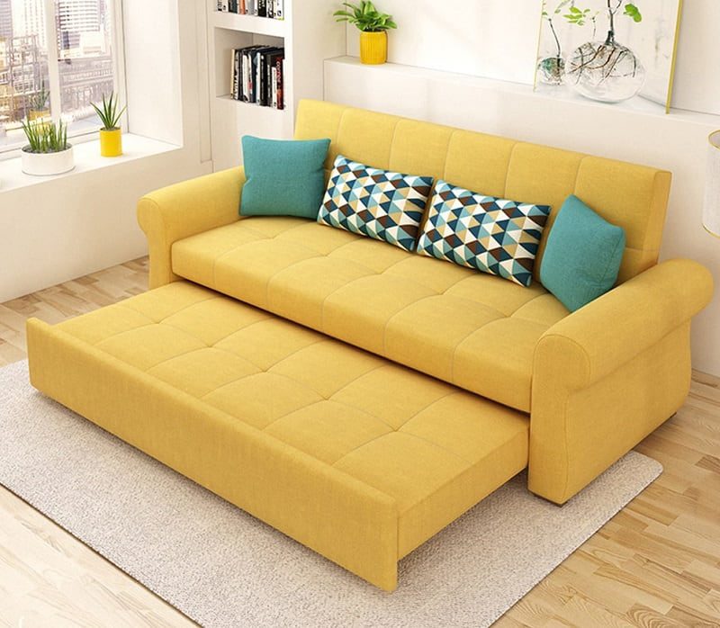 Ghế gỗ kéo ra thành giường dạng sofa đem lại sự thoải mái và êm ái