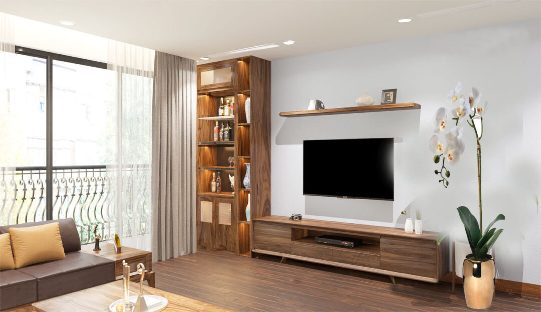 Tủ gỗ phòng khách có thể được đặt tại nhiều vị trí